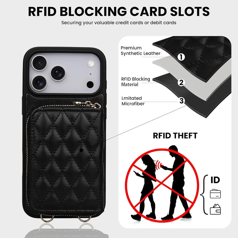 Keallce Case for iPhone 17 Pro Max 6.9'' Wallet Case, Crossbody Zipper Purse with Wrist Strap Lanyard Handbag, RFID Blocking Card Holders, Kickstand Flip Leather Cover for iPhone 17 Pro Max, Black - Image 4